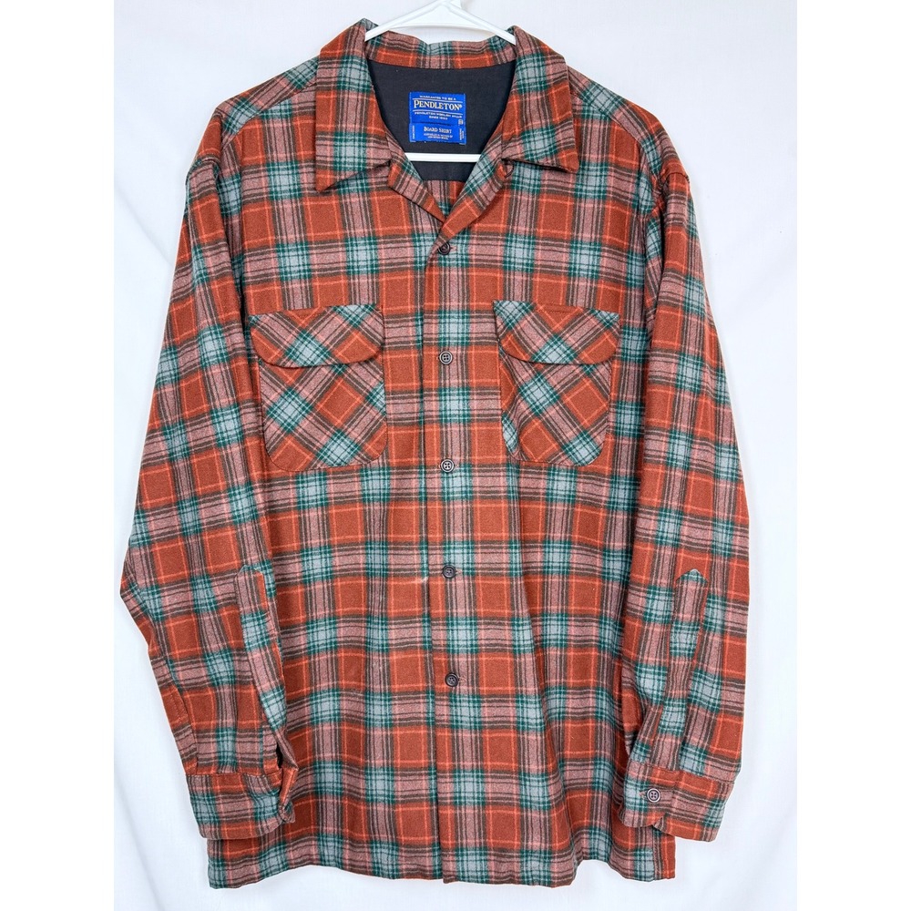 Pendleton Mens Board Shirt M Rust Green Plaid Wool Flannel Americana Lumberjack